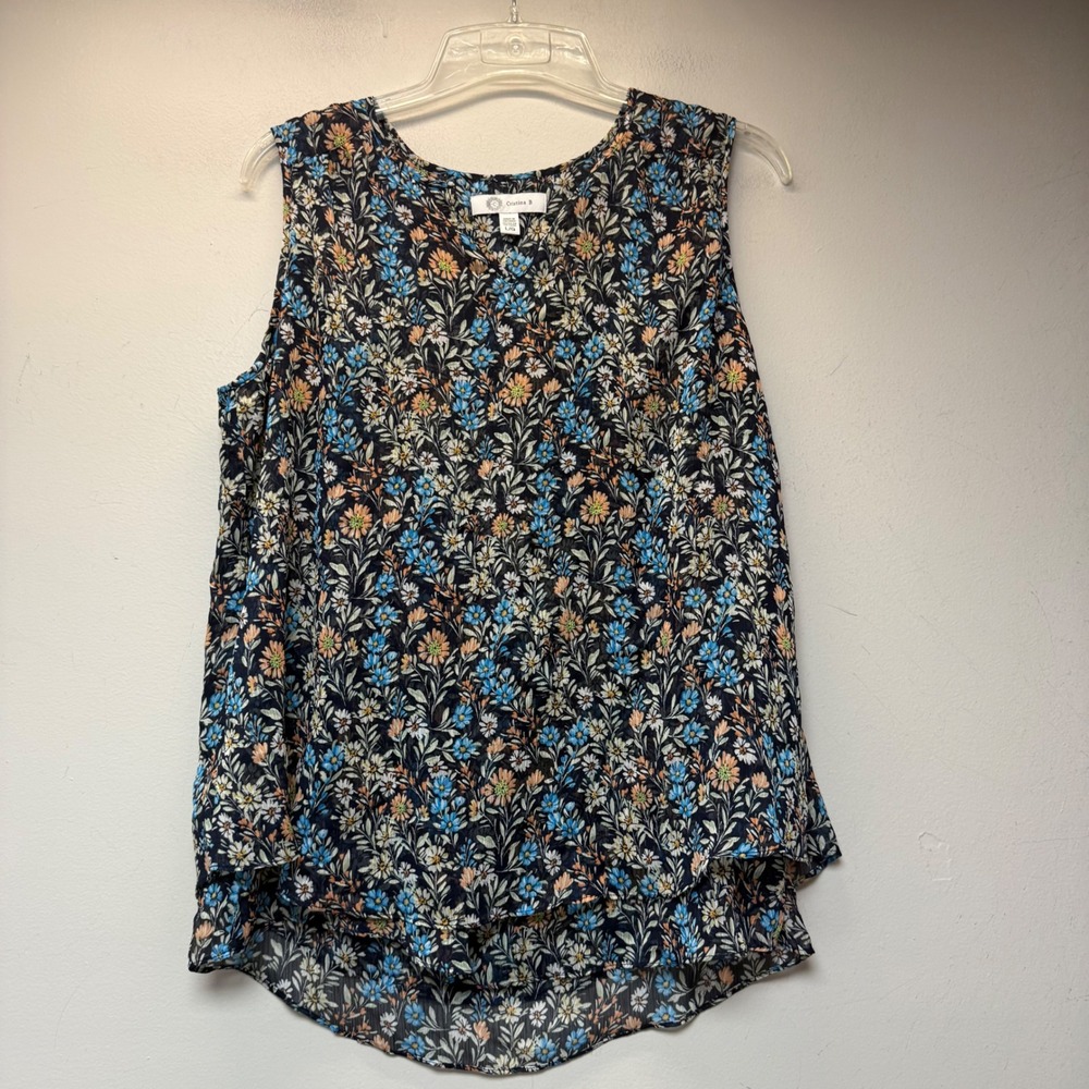 Cristina B Floral Blouse Womens L Navy Blue Excellent Sleeveless Layered Hem